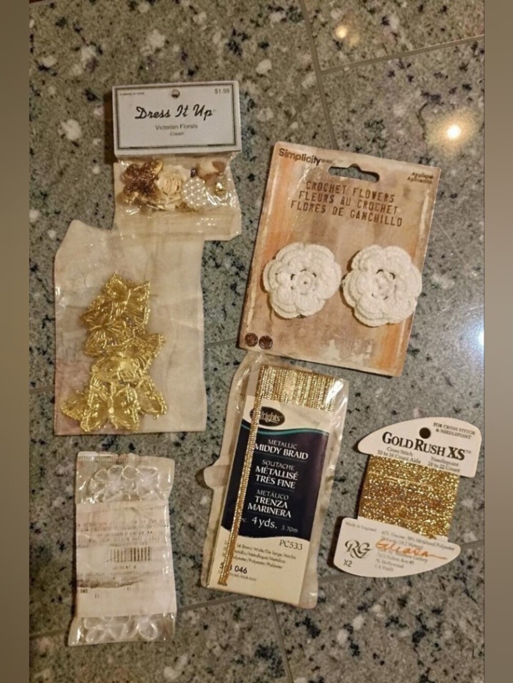 NWT Arts & Crafts Bundle - Gold Trims, Butterflies, Crochet & Florals 7pc